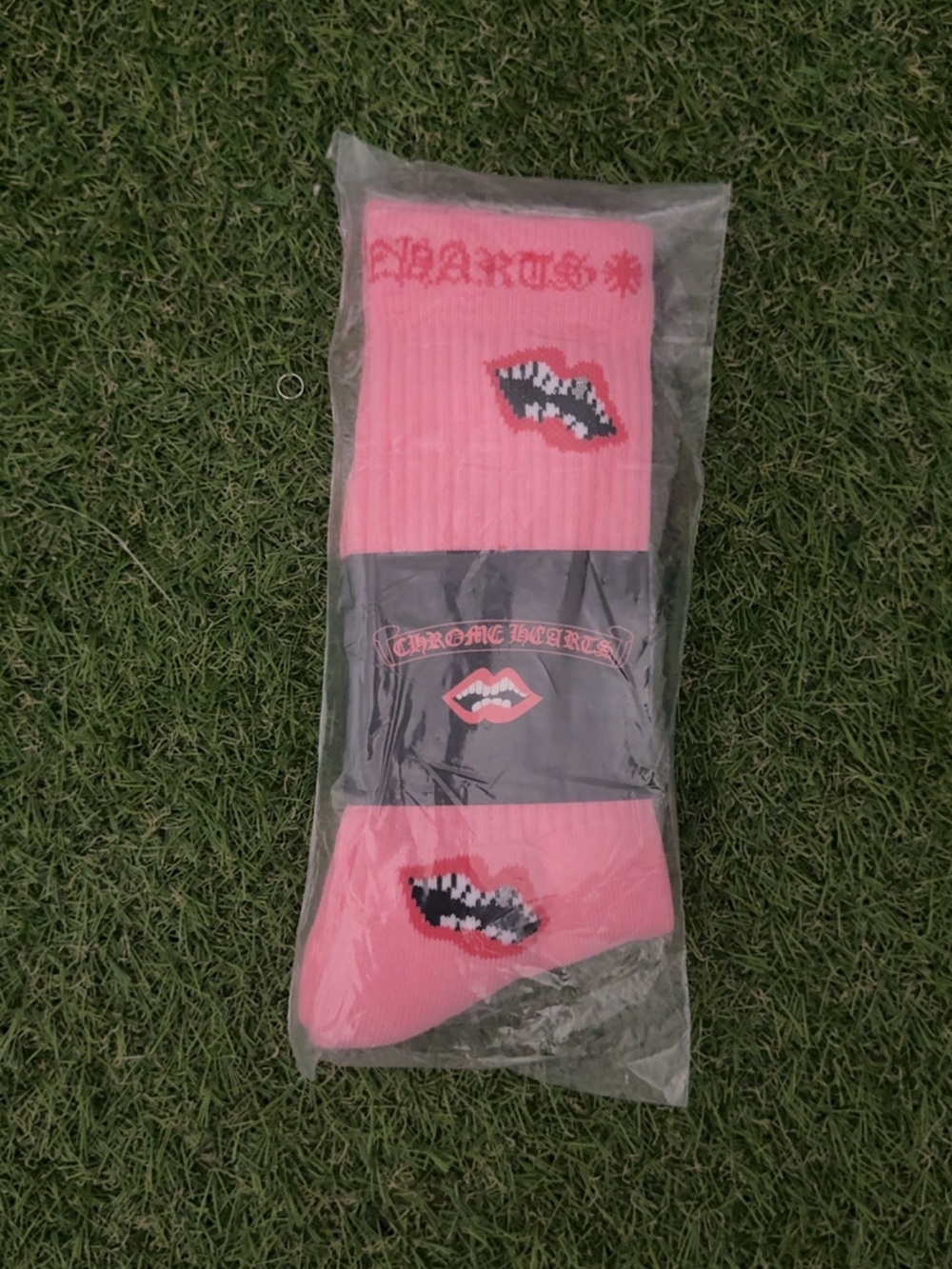 Chrome Hearts Pink Logo Crew Socks with Lip Motif
